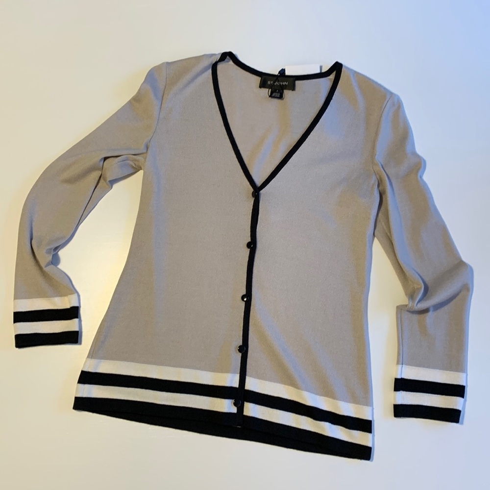 NWT St. John Wool Rayon blend long cardigan sweater. Gray black & winter white P